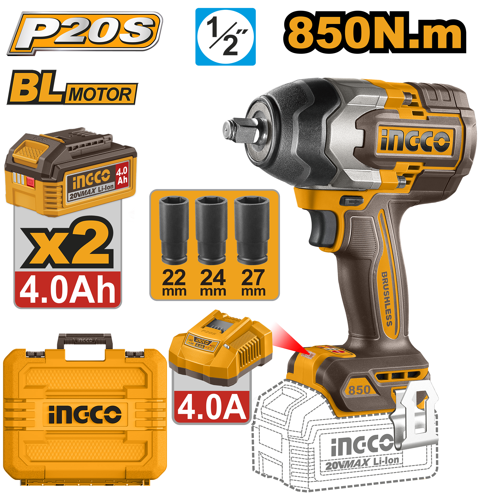 Filetanta 20V 1/2 850Nm cu 2 Acumulatori 4Ah