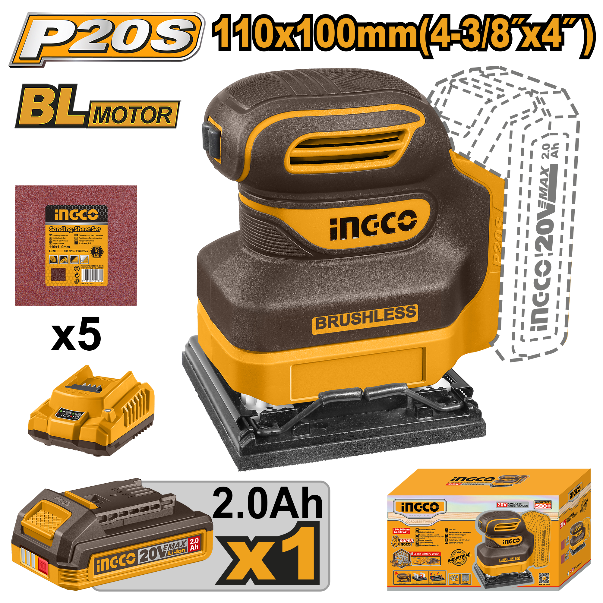 Slefuitor 20V BL 110x100mm cu Acumulator 2Ah